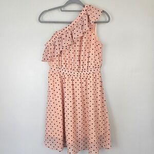Andree By Unit Peach Black Polk Dot One Shoulder Ruffle‎ Mini Dress Medium.C174